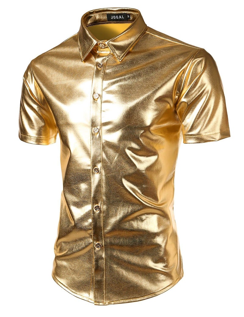JOGAL Men's 70s Disco Shiny Metallic Gold Silver Short Sleeve Button Down Shirts Large Gold - Image 1